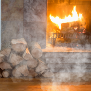 wood fireplace with smoke exiting into the room